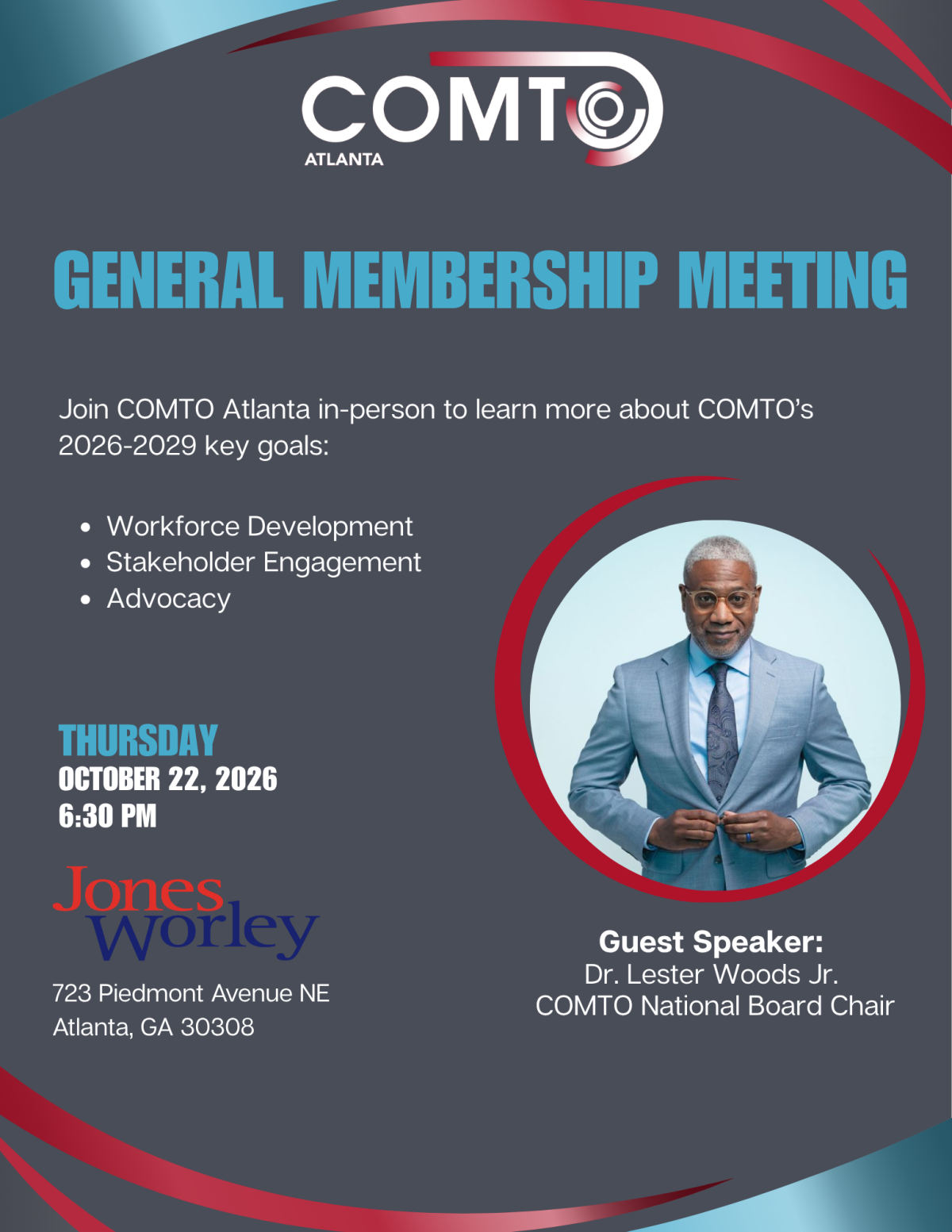 membership meeting flyer with photo of Dr. Lester Woods