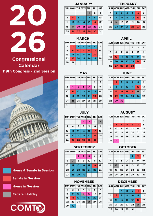 2026 Congressional Calendar with dates when the house and senate are in session