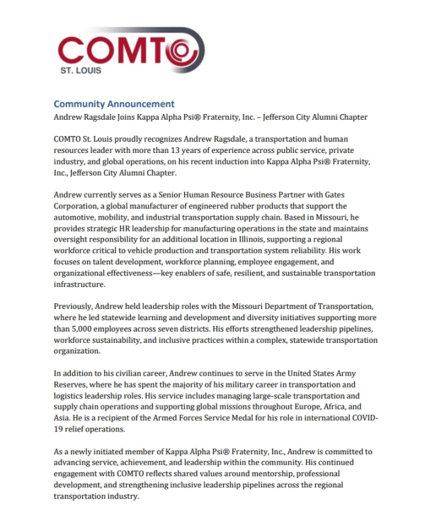 COMTO St. Louis proudly recognizes Andrew Ragsdale!